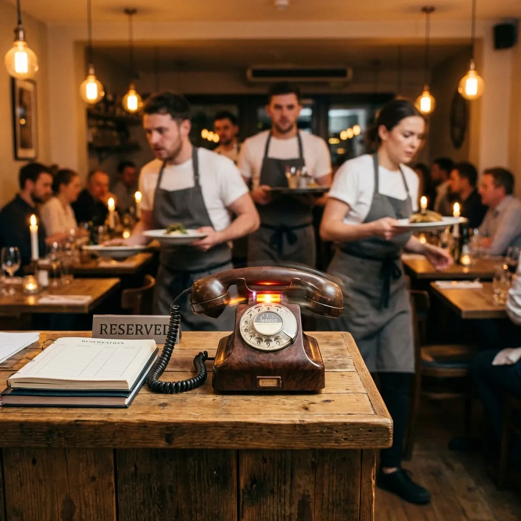 Busy UK restaurant with ringing landline phone in foreground