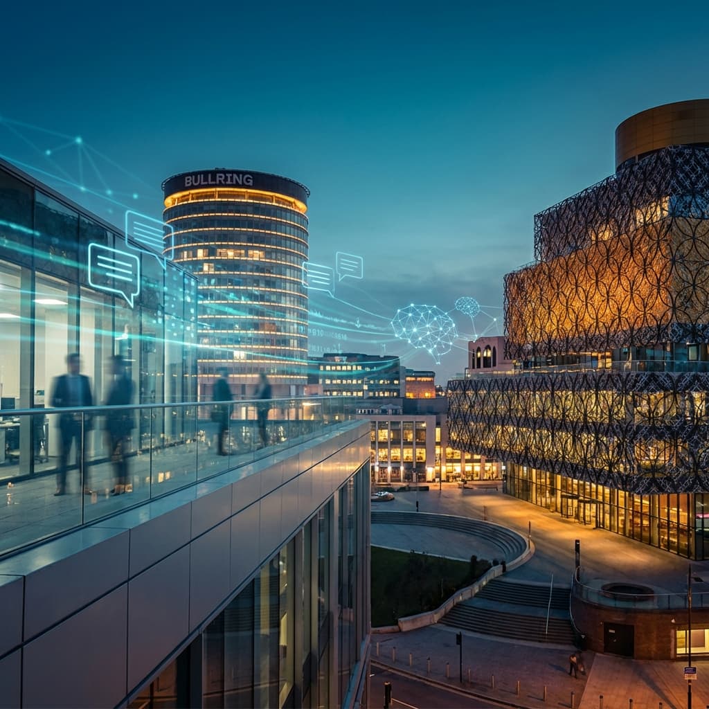AI Chatbot Solutions Birmingham - City Skyline with Digital Elements