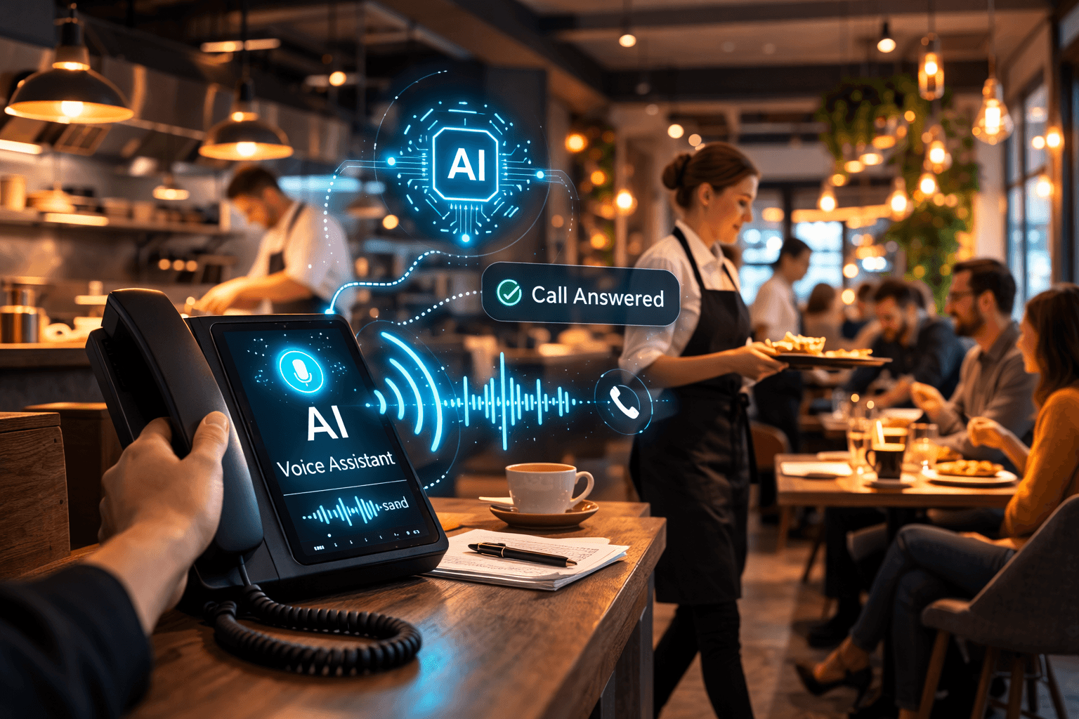 Restaurant host stand using voice AI phone assistant for reservations